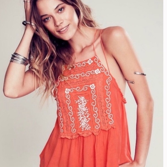 Free People Tops - Free People Orange Embroidered Strappy Tank